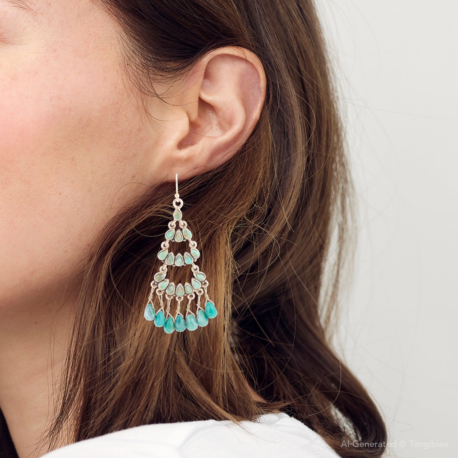 Triple the Blue Turquoise Golden Chandelier Earrings detail view by Barse Jewelry