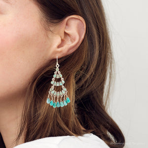 Triple the Blue Turquoise Golden Chandelier Earrings detail view by Barse Jewelry