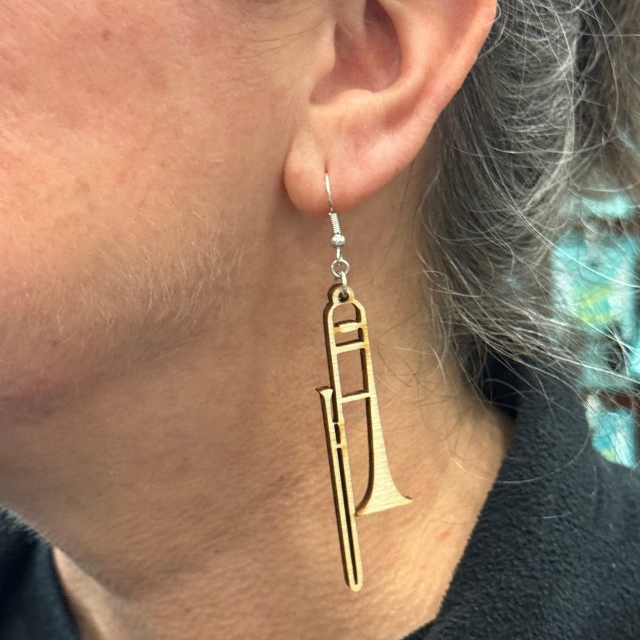 Trombone Wooden Earrings | Band Musician Jewelry by Cate's Concepts, LLC, handmade jewelry detail photo 2