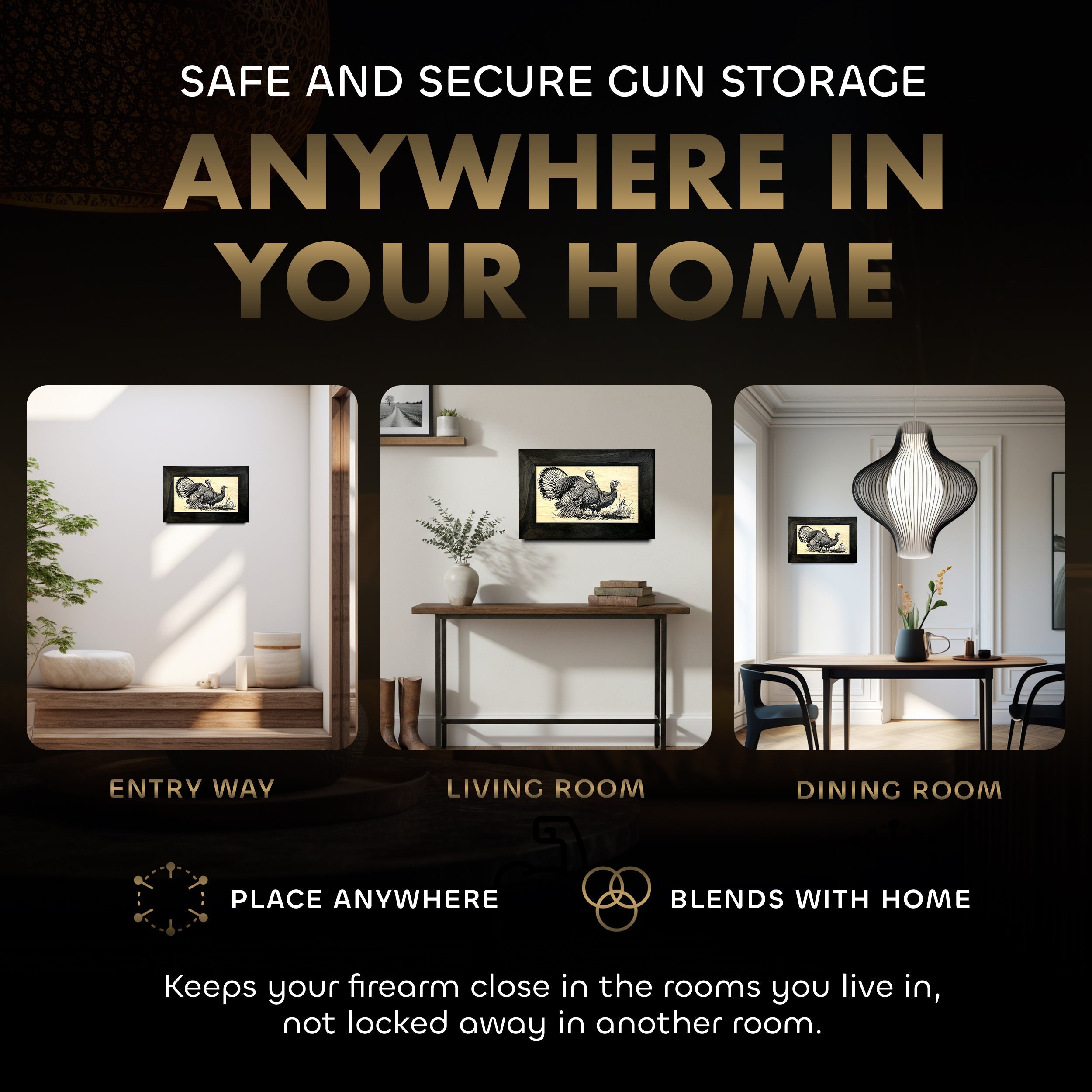 Wild Turkey Pair Gun Concealment Furniture - Handcrafted Hidden Gun Storage Wall Decor - Hidden Safe Furniture with Magnetic