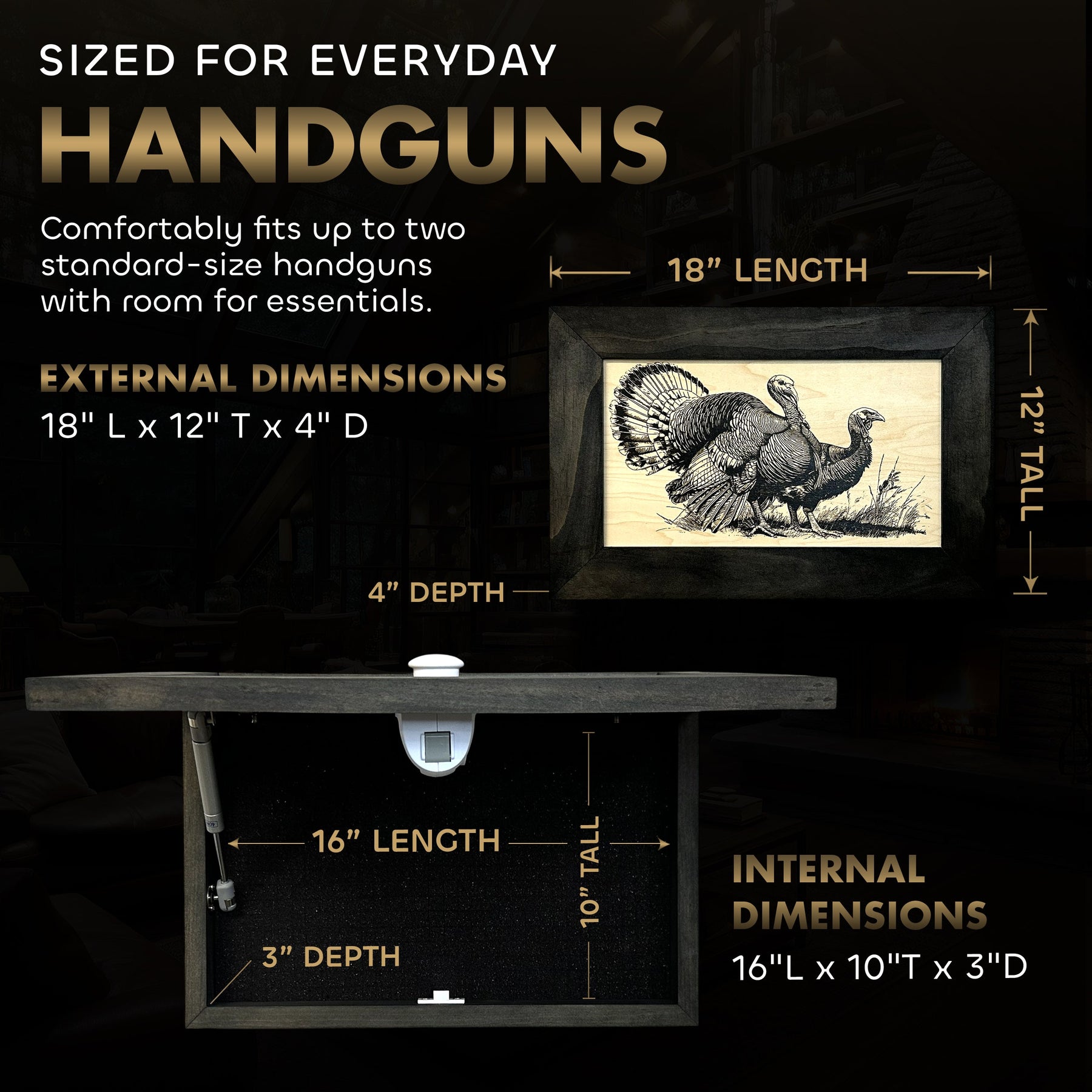 Wild Turkey Pair Gun Concealment Furniture - Handcrafted Hidden Gun Storage Wall Decor - Hidden Safe Furniture with Magnetic
