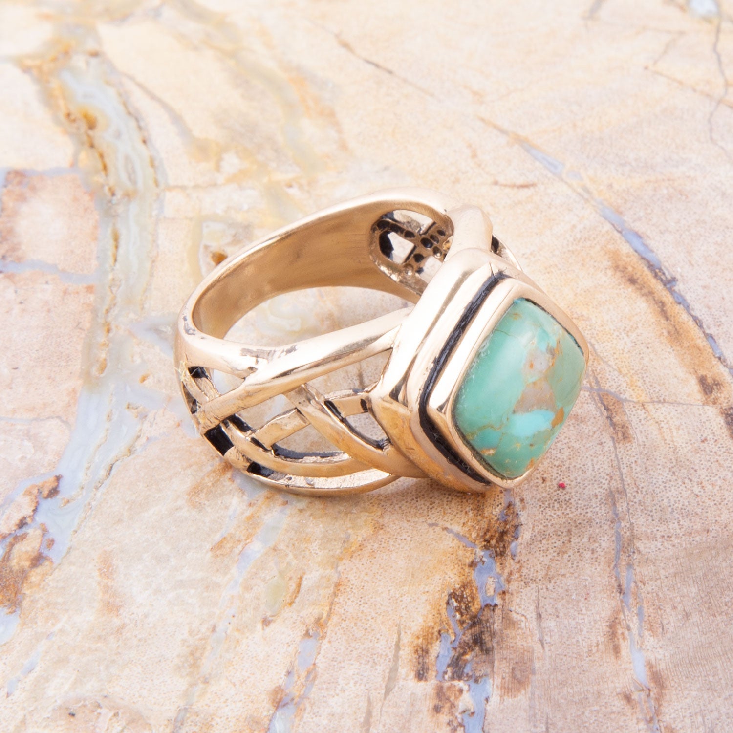 Blue Turquoise and Golden Bronze Cut Out Ring detail view by Barse Jewelry