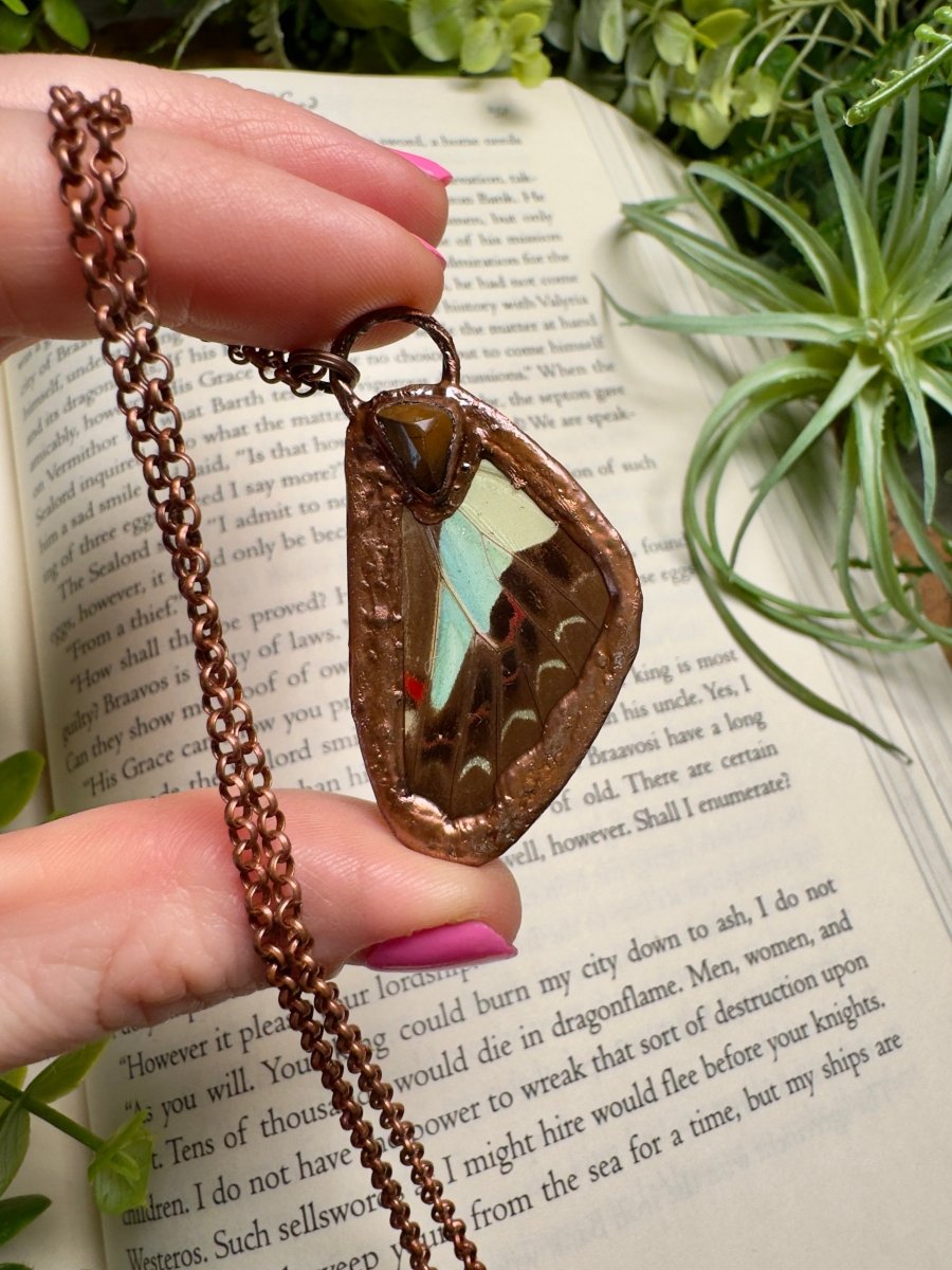 Turquoise and Butterfly Wing Necklace by Copper Ashes
