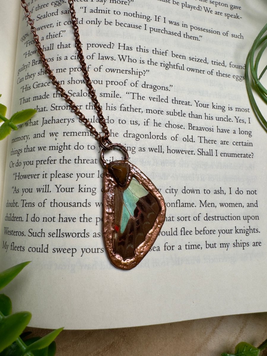 Turquoise and Butterfly Wing Necklace detail view by Copper Ashes