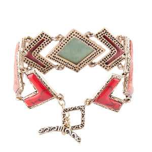 Green Turquoise and Coral Tapestry Golden Link Bracelet detail view by Barse Jewelry