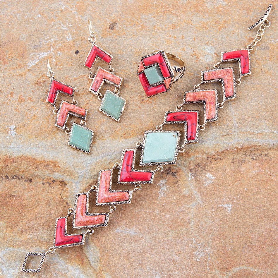 Green Turquoise and Coral Tapestry Golden Link Bracelet detail view by Barse Jewelry