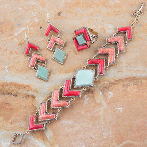 Green Turquoise and Coral Tapestry Golden Link Bracelet detail view by Barse Jewelry