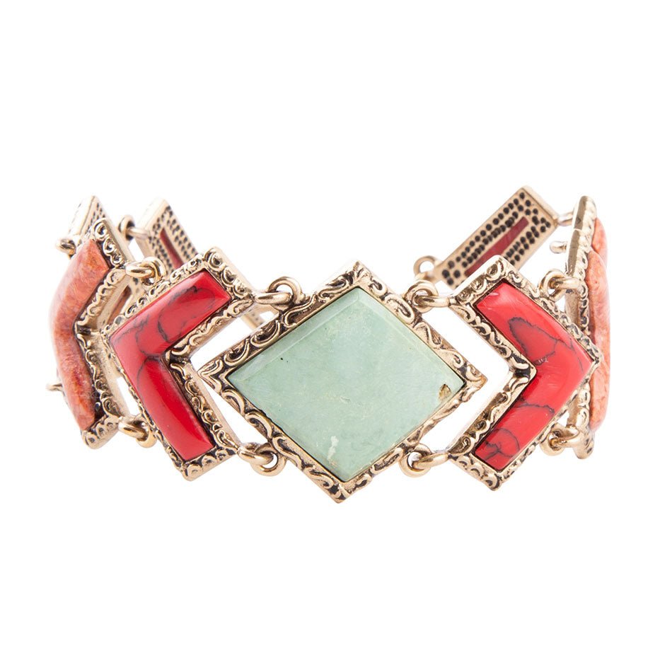 Green Turquoise and Coral Tapestry Golden Link Bracelet detail view by Barse Jewelry