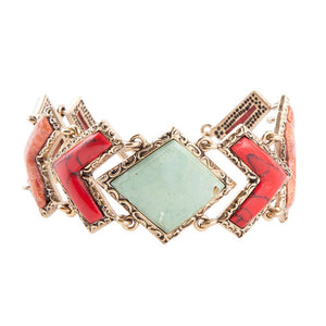 Green Turquoise and Coral Tapestry Golden Link Bracelet detail view by Barse Jewelry
