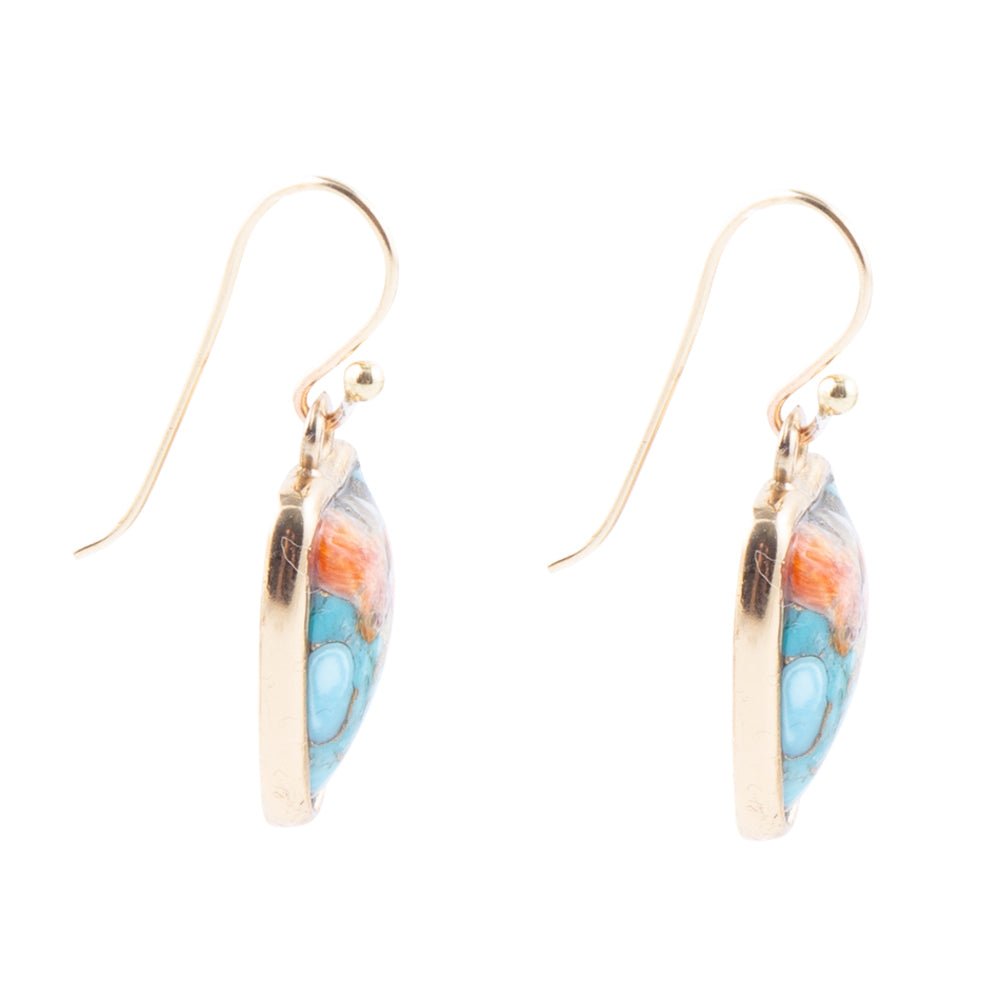 Blue Turquoise and Orange Spiny Oyster Matrix Golden Drop Earrings detail view by Barse Jewelry