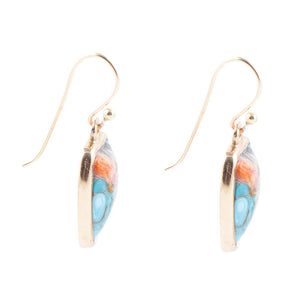 Blue Turquoise and Orange Spiny Oyster Matrix Golden Drop Earrings detail view by Barse Jewelry