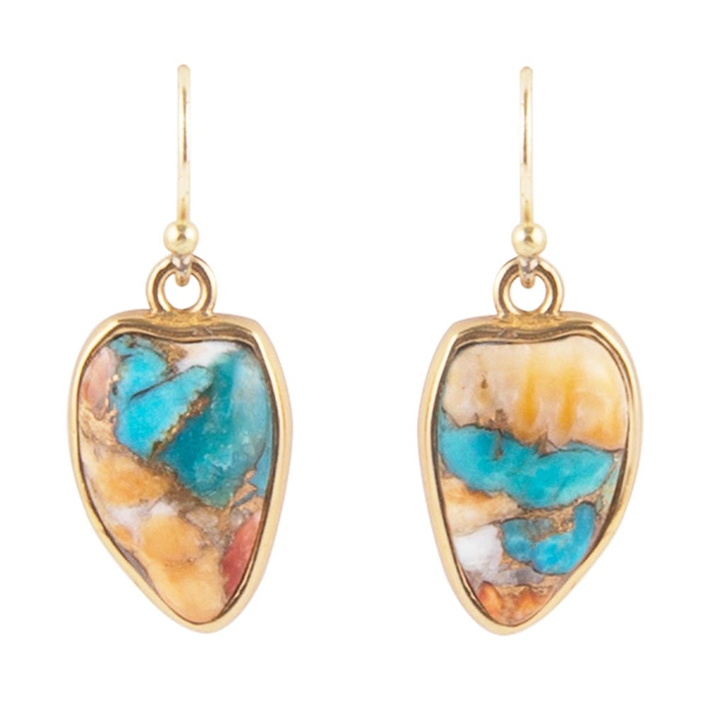 Blue Turquoise and Orange Spiny Oyster Matrix Golden Drop Earrings by Barse Jewelry