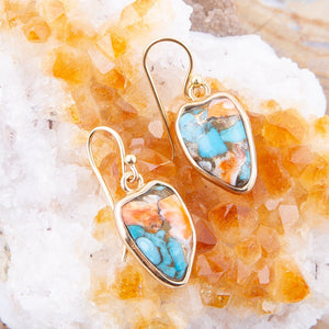 Blue Turquoise and Orange Spiny Oyster Matrix Golden Drop Earrings detail view by Barse Jewelry