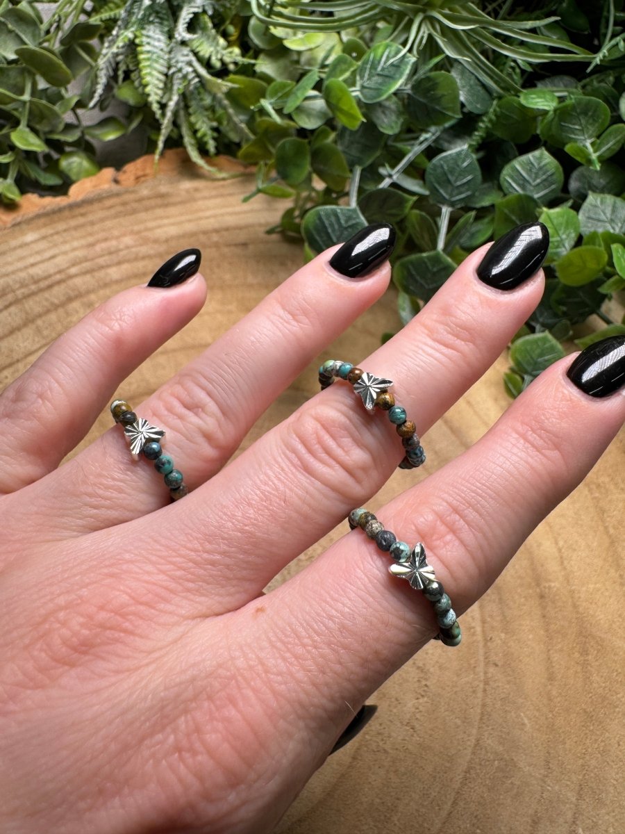 Turquoise Butterfly Beaded Stretch Ring by Copper Ashes