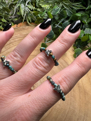 Turquoise Butterfly Beaded Stretch Ring detail view by Copper Ashes