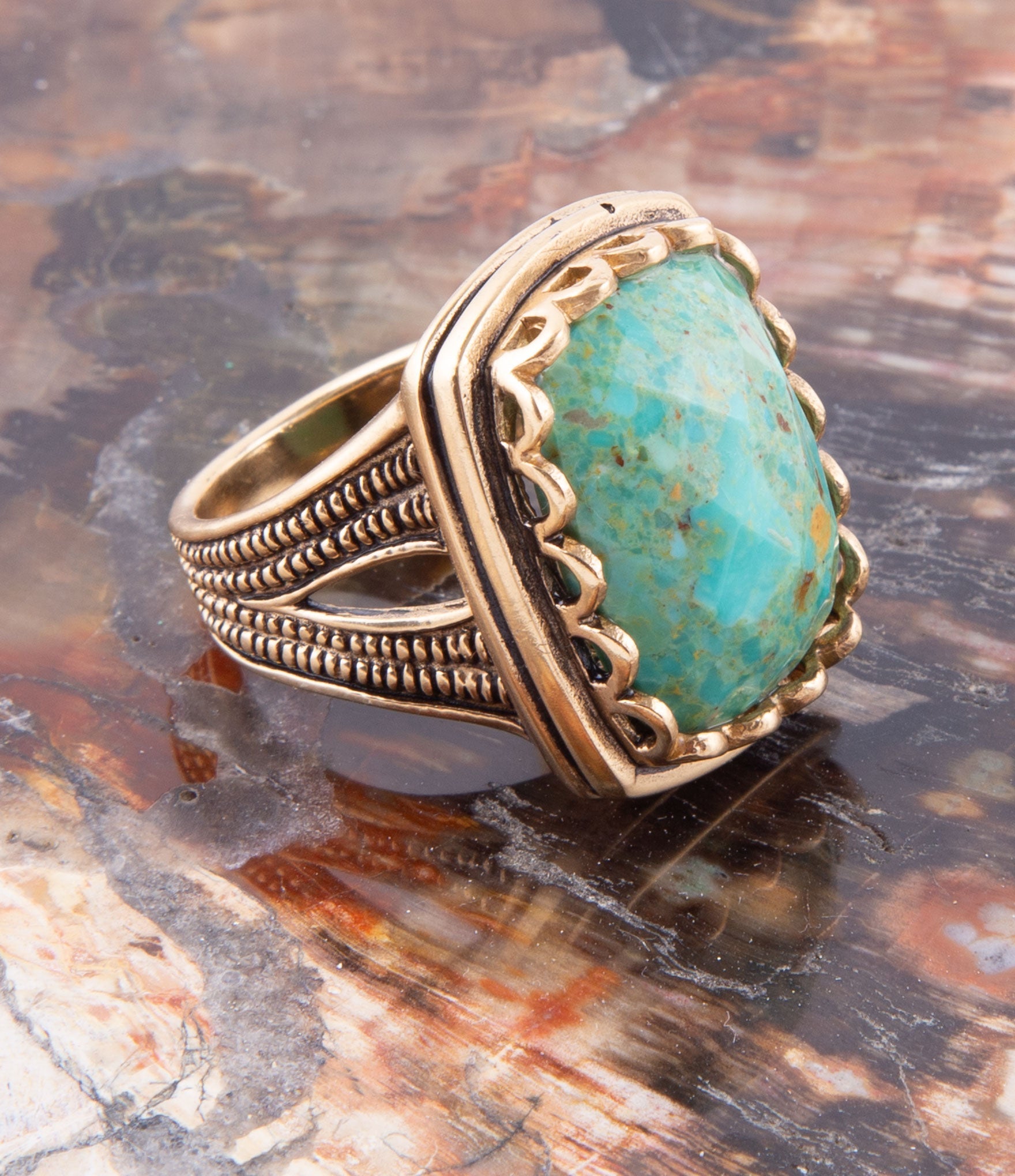 Blue Turquoise and Golden Cocktail Ring detail view by Barse Jewelry