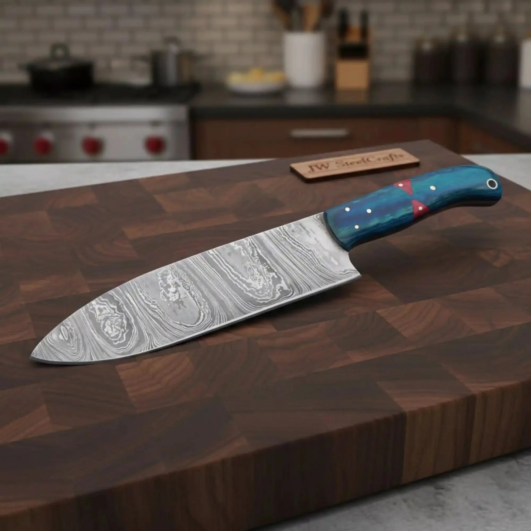 8-Inch Gyuto Chef Knife Twisted Damascus Blade with Blue & Red Pakka Wood Handle (Full Tang, Hand-Forged) by JW SteelCrafts, Damascus knife main product photo