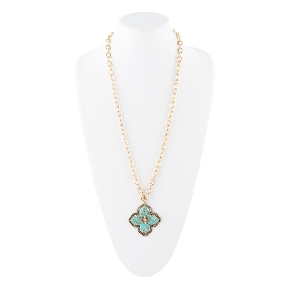 Blue Turquoise Maltese Cross Golden Pendant Necklace detail view by Barse Jewelry