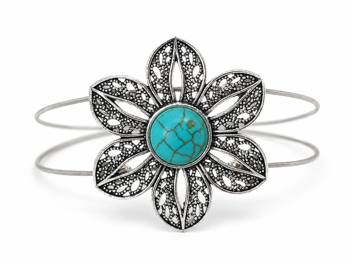 Filigree turquoise flower guitar string bracelet by N Harmony Jewelry, handmade jewelry main product photo