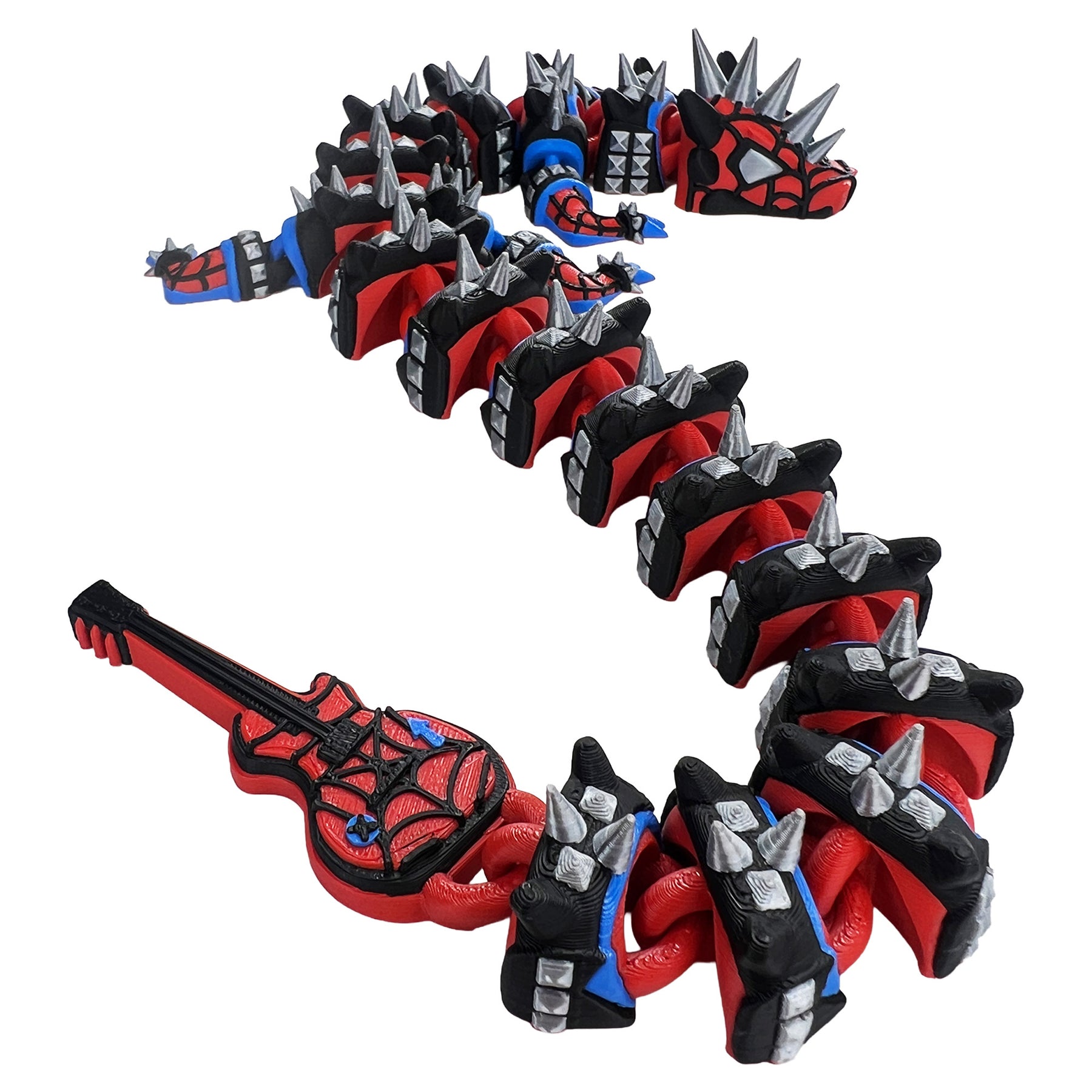 Long articulated punk spider dragon posed in an S curve with red black blue and silver armor and guitar tail