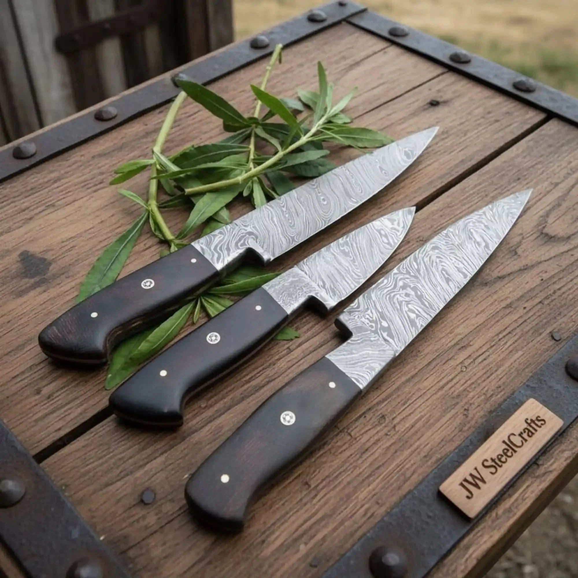 3-Piece Twisted Damascus Knife Set with Black Micarta Handles by JW SteelCrafts