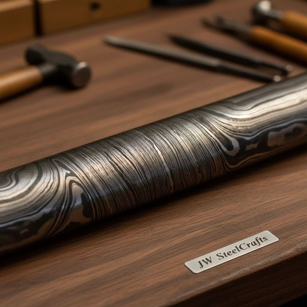 5 Inch Twisted Damascus Steel Round Billet Bar for Guards Rings and Jewelry Making by JW SteelCrafts, handmade jewelry detail photo 3