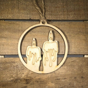 Two Candles in Circle Wooden Christmas Ornament | Elegant Holiday Decor by Cate's Concepts, LLC, scented candle detail photo 2