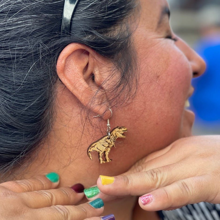 T Rex Dinosaur Wooden Dangle Earrings | Prehistoric Jewelry by Cate's Concepts, LLC, handmade jewelry detail photo 4
