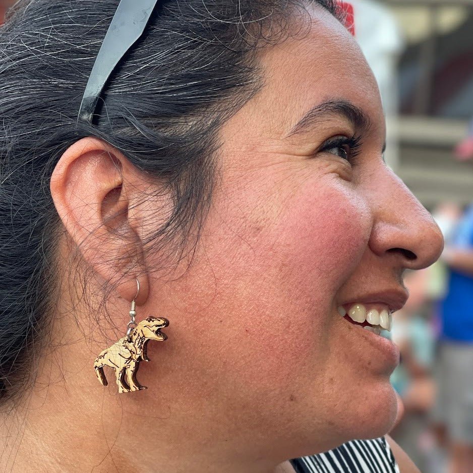 T Rex Dinosaur Wooden Dangle Earrings | Prehistoric Jewelry by Cate's Concepts, LLC, handmade jewelry detail photo 3