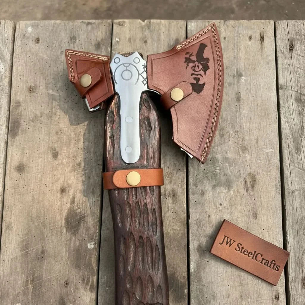 Handmade Viking Double-Bit Carbon Steel Axe with Norse Rune Etching and Engraved Hardwood Handle by JW SteelCrafts, Southern lifestyle apparel detail photo 10
