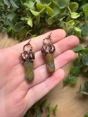 Unakite Jasper Penis Earrings detail view by Copper Ashes