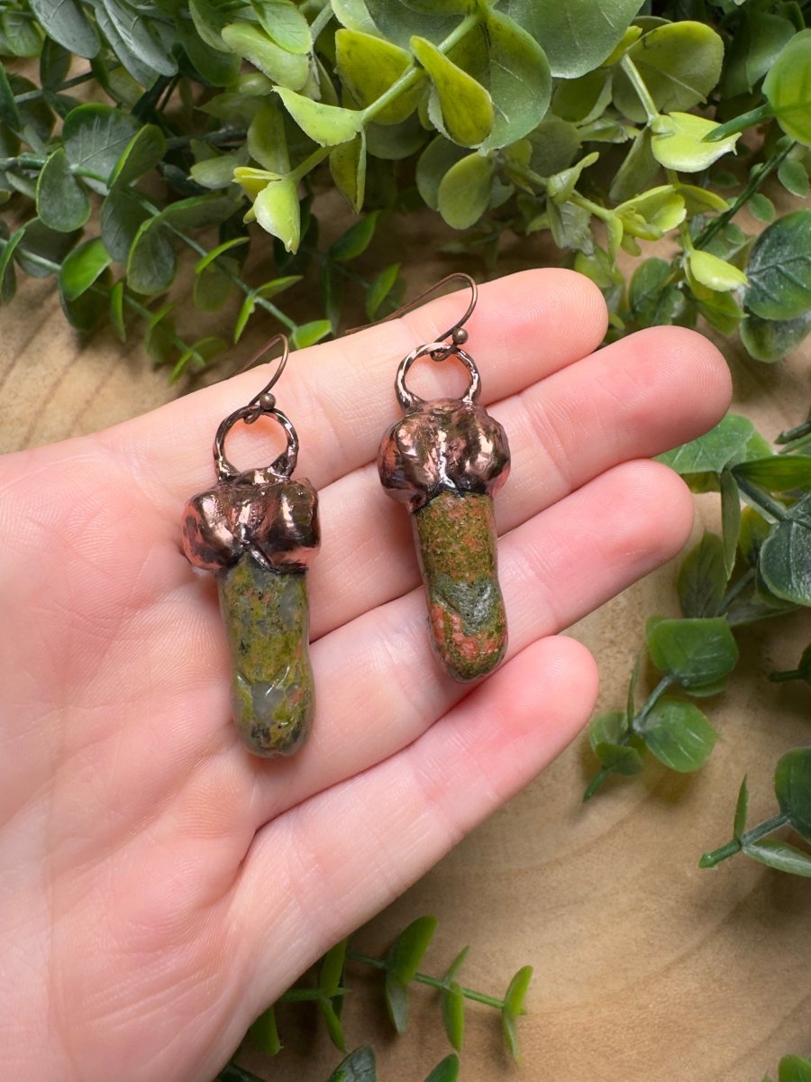 Unakite Jasper Penis Earrings detail view by Copper Ashes