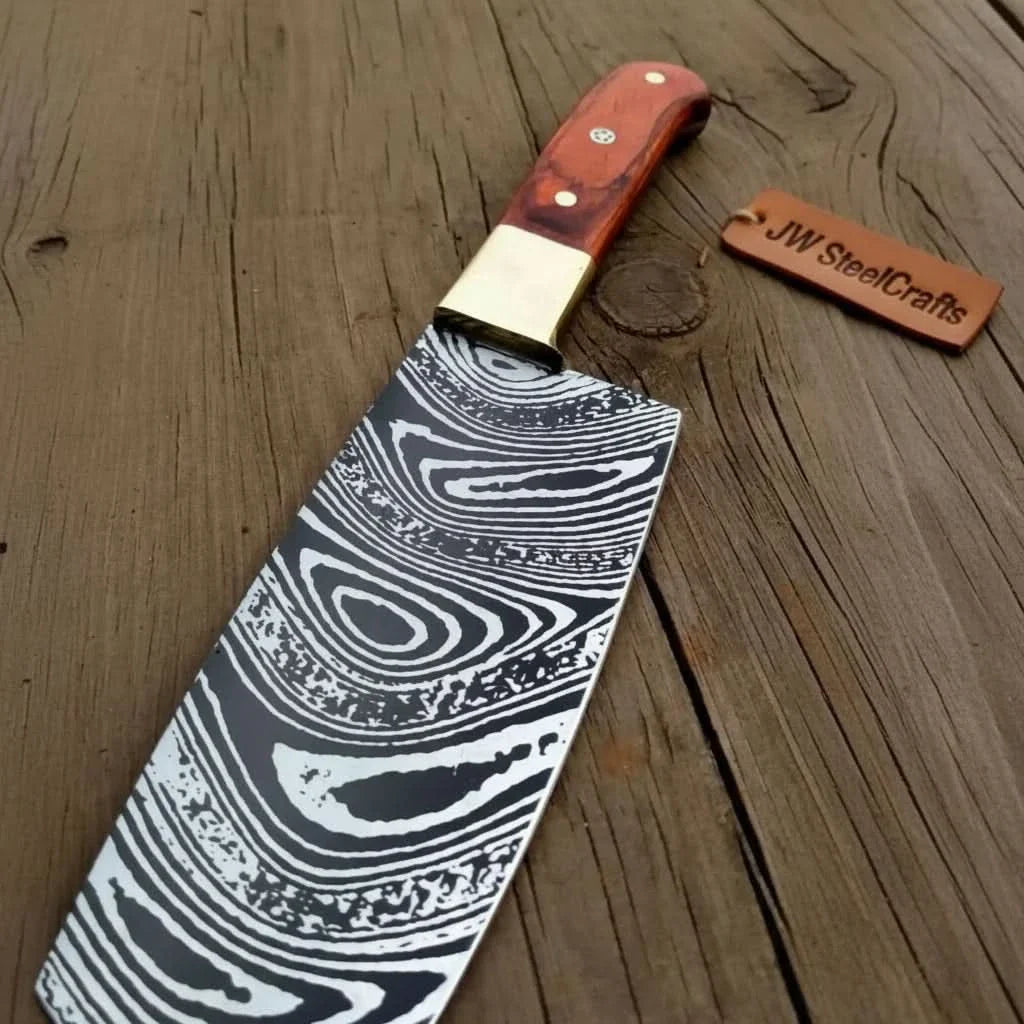 8” Carbon Steel Gyuto Chef Knife – Twisted Acid-Etched Blade with Red Pakka Wood Handle by JW SteelCrafts, Damascus knife detail photo 2
