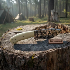 Damascus Skinner Knife White Resin Handle 7” by JW SteelCrafts, Damascus knife main product photo
