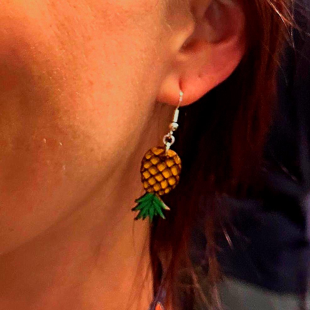 Upside Down Pineapple Wooden Earrings | Swinger Lifestyle Jewelry detail view by Cate's Concepts, LLC