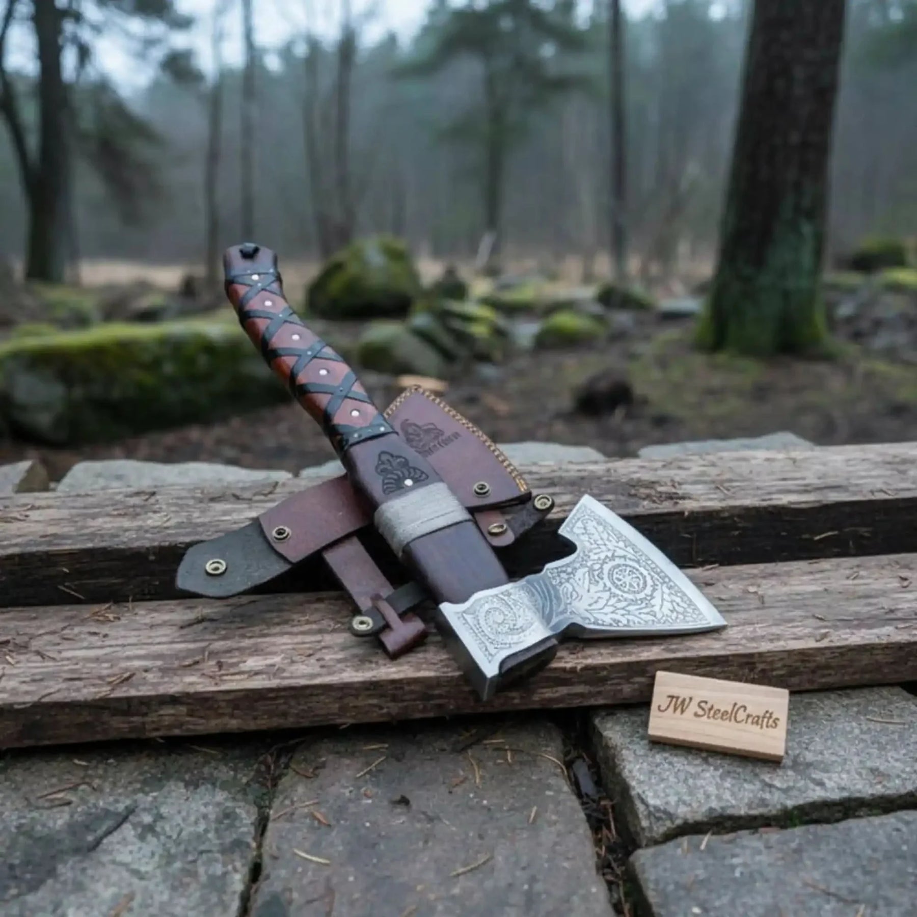Viking Bearded Axe with Norse Engraved Blade and Leather Sheath detail view by JW SteelCrafts