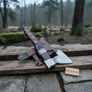 Viking Bearded Axe with Norse Engraved Blade and Leather Sheath detail view by JW SteelCrafts