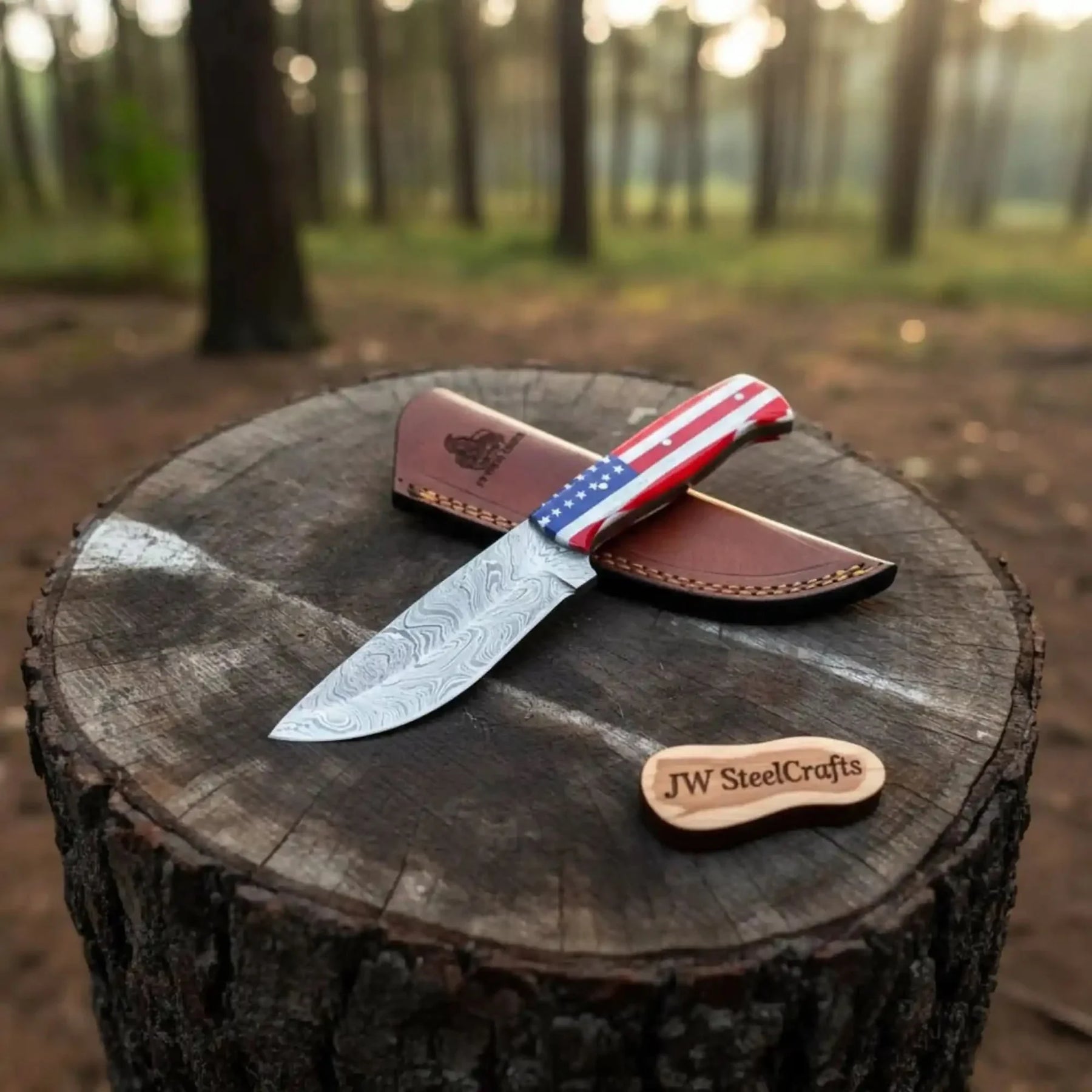 Damascus Steel USA Flag Outdoor Knife — Wave Pattern Blade, American Flag Resin Handle by JW SteelCrafts, Damascus knife main product photo
