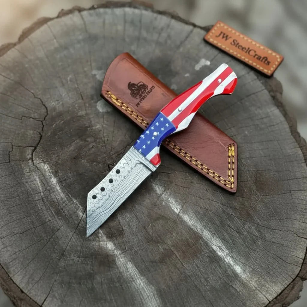 Damascus Tanto Fixed Blade Knife with American Flag Resin Handle, and Leather Sheath by JW SteelCrafts, leather knife sheath main product photo