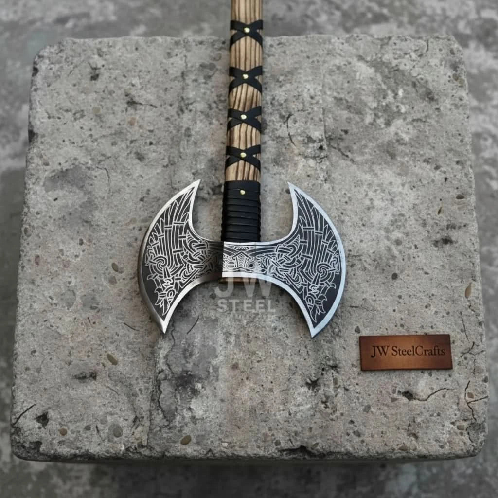 Hand Engraved Double Headed Viking Axe with Nordic Knotwork and Leather Wrapped Handle by JW SteelCrafts, handmade axe detail photo 4