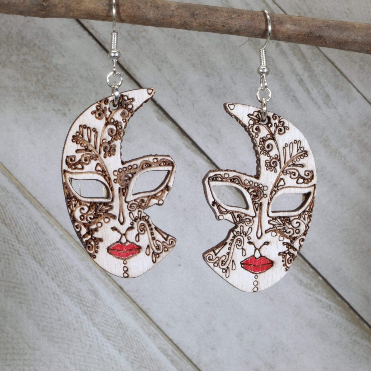 Venetian Half Mask Wooden Dangle Earrings | Masquerade Jewelry