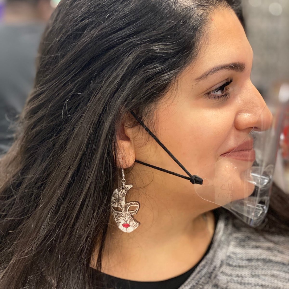 Venetian Half Mask Wooden Dangle Earrings | Masquerade Jewelry detail view by Cate's Concepts, LLC