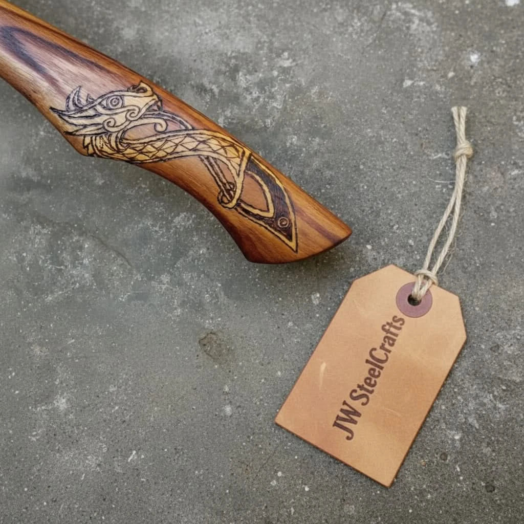 Hand Forged Damascus Steel Viking Axe – 18” Bearded Bushcraft Hatchet with Hardwood Handle | JW SteelCrafts by JW SteelCrafts, Southern lifestyle apparel detail photo 4