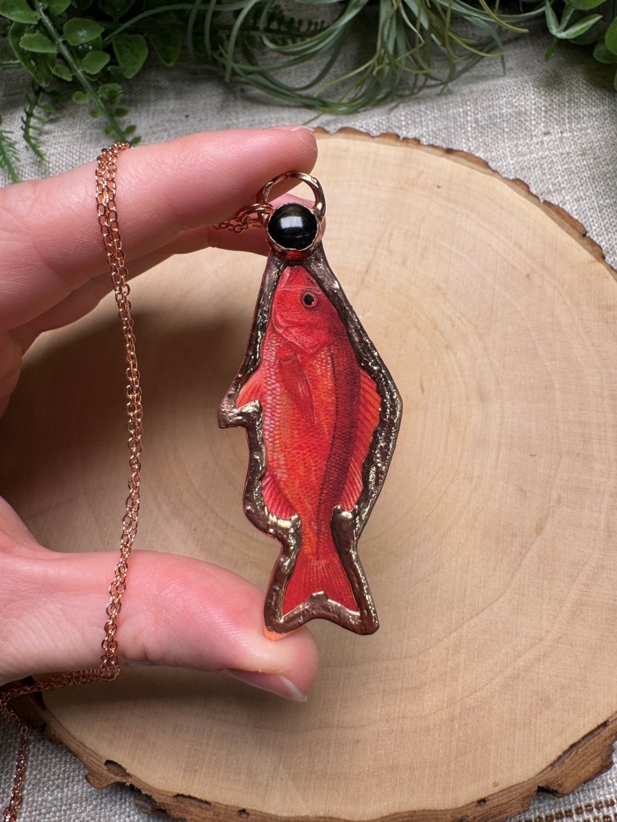 Vermilion Snapper and Obsidian Necklace detail view by Copper Ashes