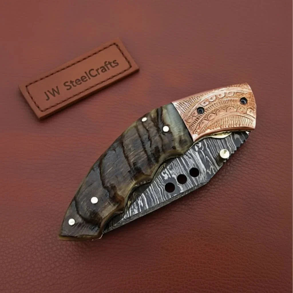 Handmade Damascus Steel Folding Knife with Engraved Metal Handle – Premium EDC Pocket Knife by JW SteelCrafts, Damascus knife detail photo 2