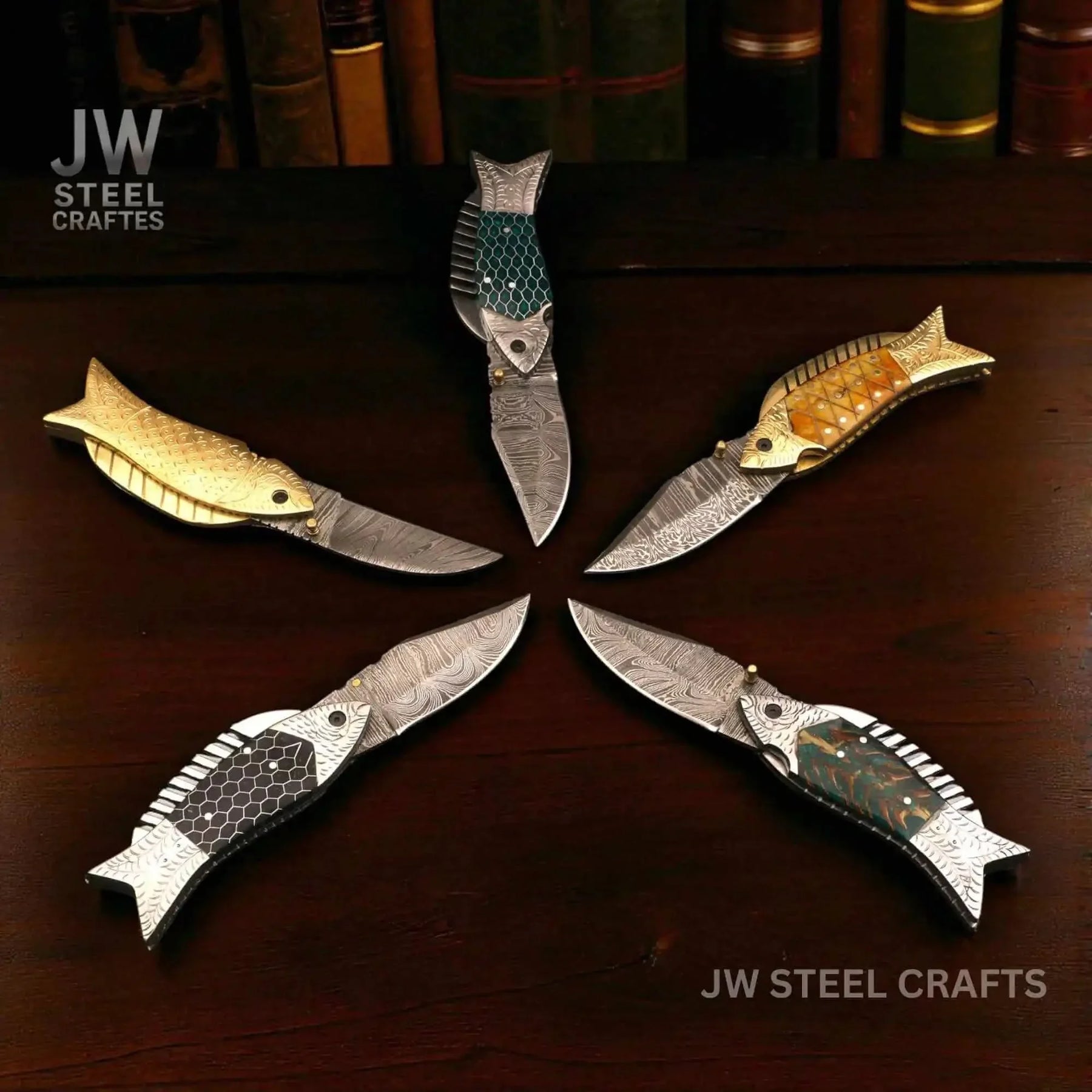 Fish-Style Damascus Folding Knife | 5 Color Variants | Hand-Engraved Collectible by JW SteelCrafts, Damascus knife detail photo 2