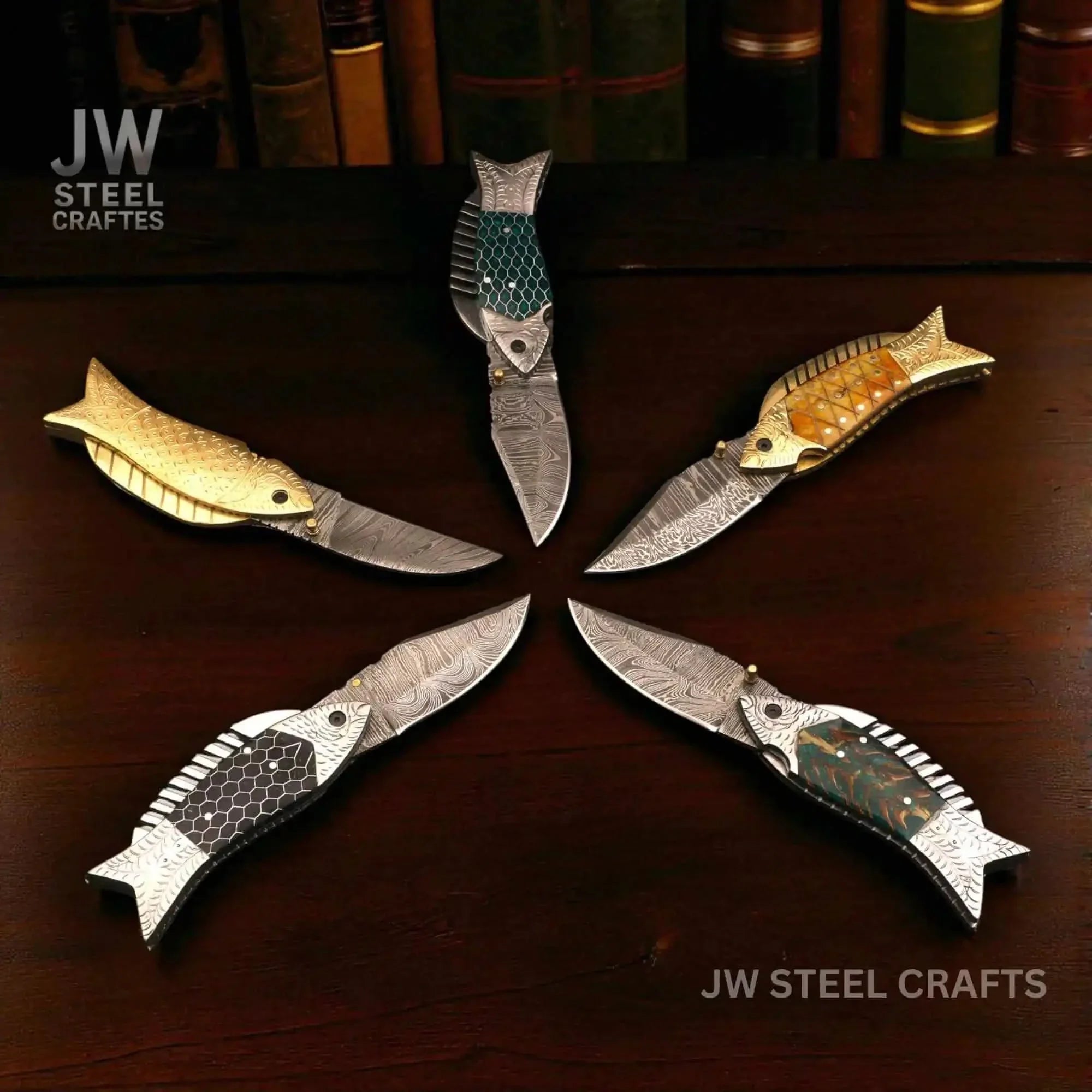 Fish-Style Damascus Folding Knife | 5 Color Variants | Hand-Engraved Collectible by JW SteelCrafts, Damascus knife detail photo 2