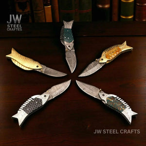 Fish-Style Damascus Folding Knife | 5 Color Variants | Hand-Engraved Collectible by JW SteelCrafts, Damascus knife detail photo 2