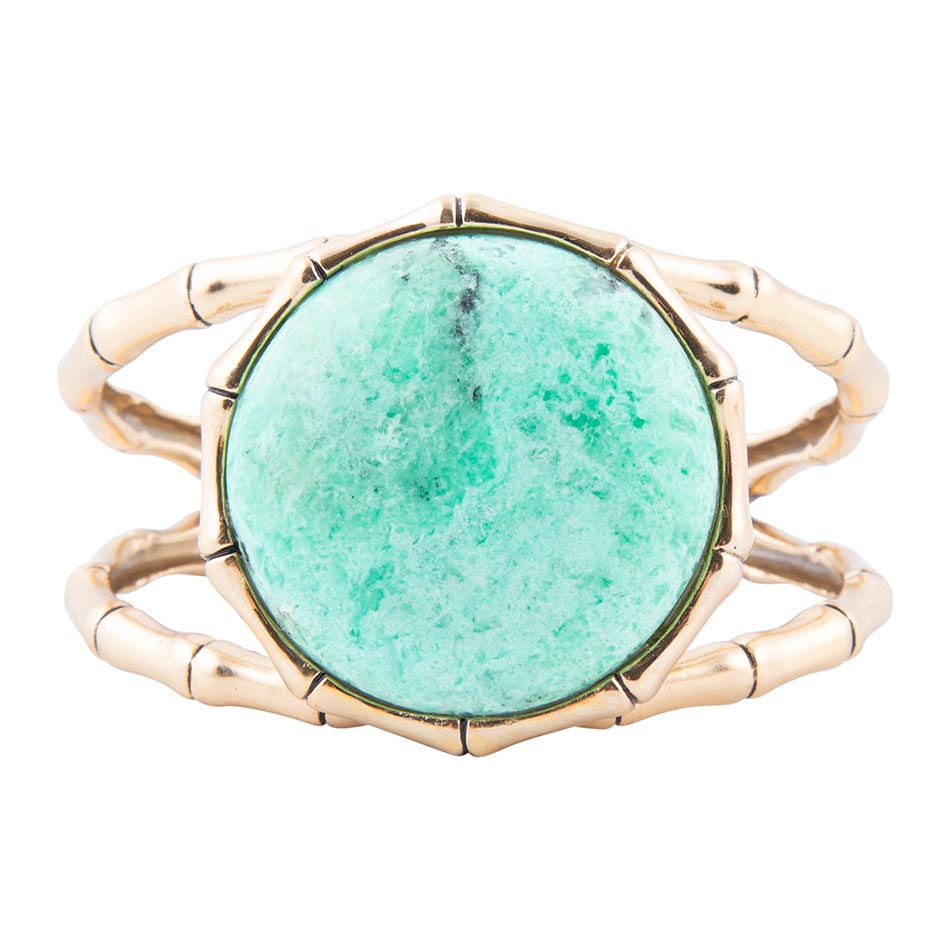 Vibrant Green Chrysoprase Golden Bamboo Statement Cuff Bracelet detail view by Barse Jewelry