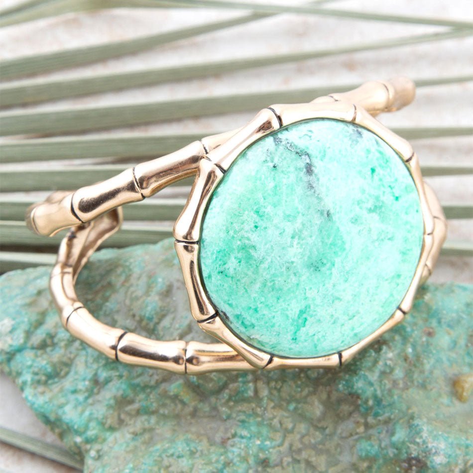 Vibrant Green Chrysoprase Golden Bamboo Statement Cuff Bracelet detail view by Barse Jewelry